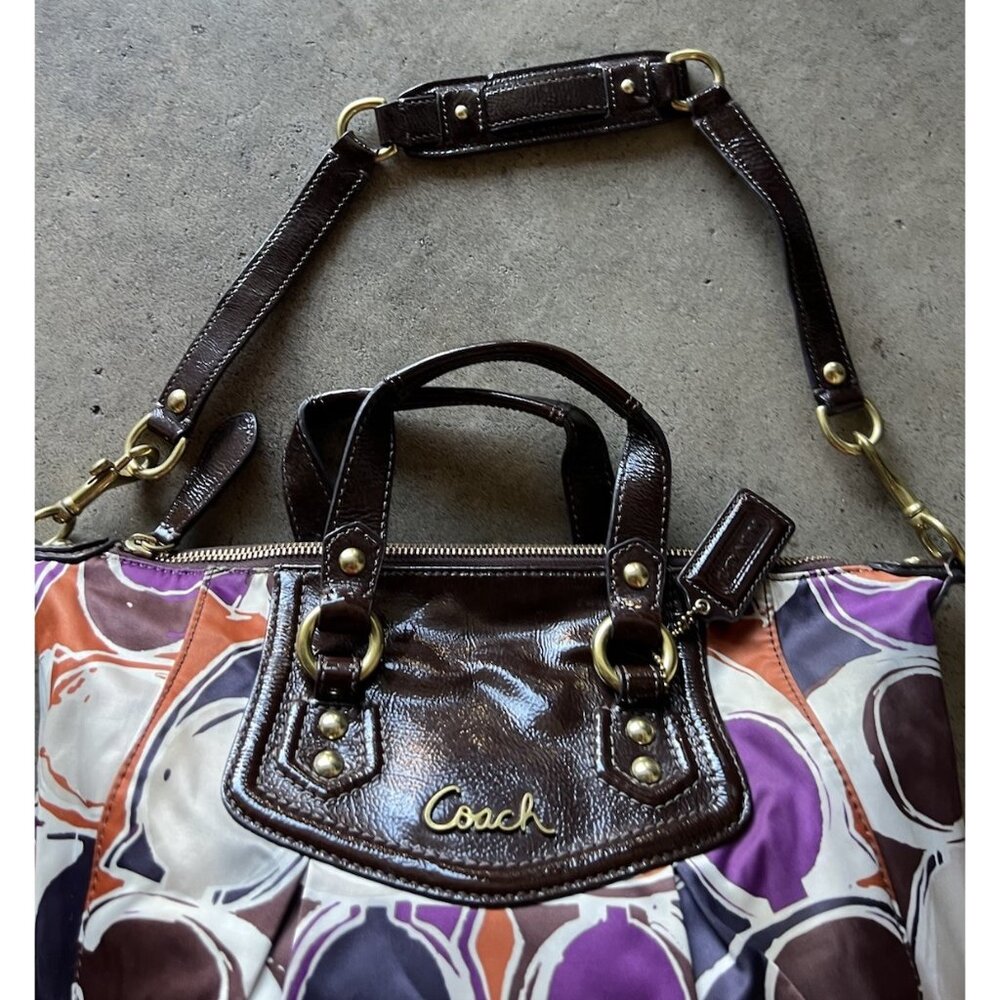 Vintage COACH Ashley Scarf C's Print LARGE Satchel Purse Bag Orange Purple - Picture 3 of 14